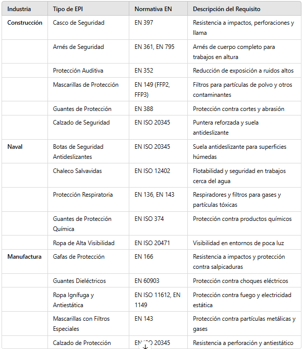 tabla infografía resumen epis por normativa