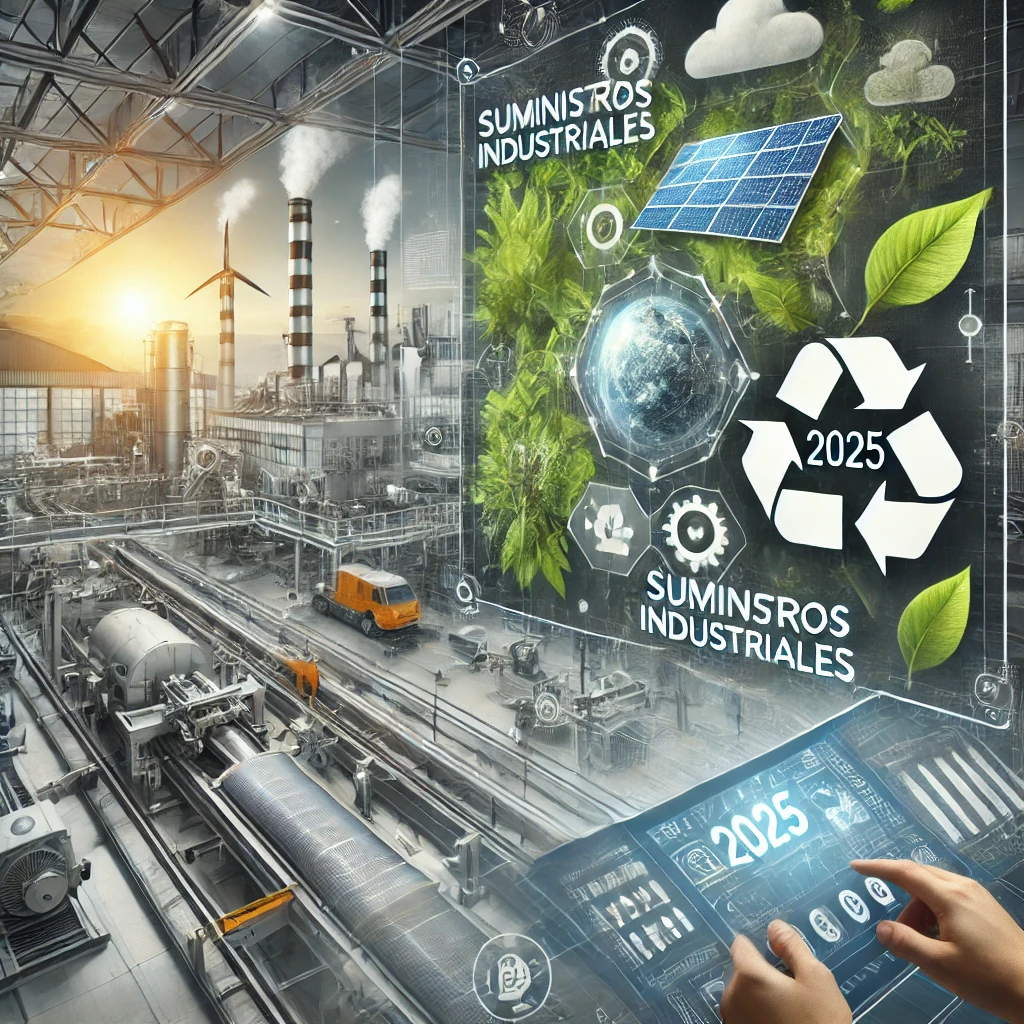 DALL·E 2025-01-09 12.22.22 - A realistic industrial-themed banner featuring advanced machinery, eco-friendly icons like solar panels and green leaves, and digital interfaces in a