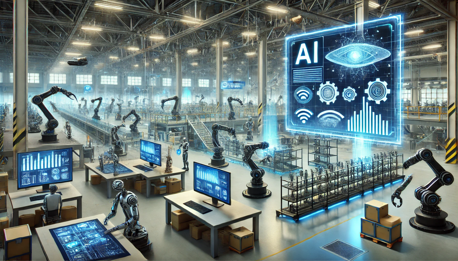 DALL·E 2025 01 09 12.30.35 A futuristic industrial scene showcasing the integration of AI technology. The image features a modern factory floor with robotic arms working on an a 1