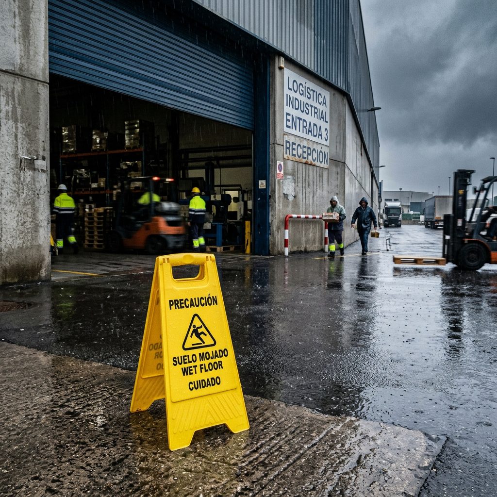 caballete de suelo mojado en la entrada de una nave en un dia de lluvia